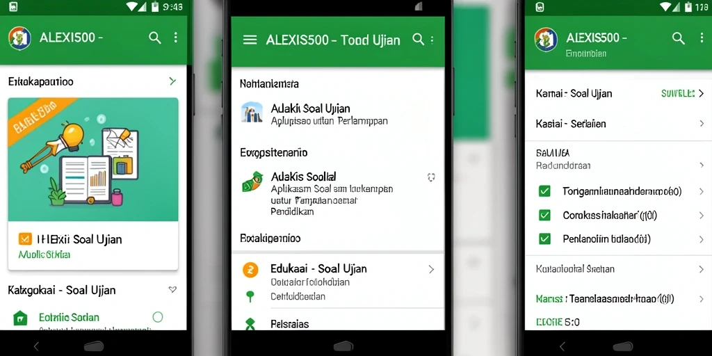 Screenshot antarmuka ALEXIS500 yang menampilkan beragam soal ujian.
